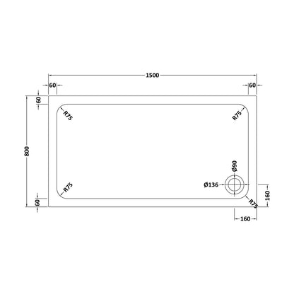 [BETTR91580] White Rectangular Stone Resin Premium Shower Tray with Corner Waste Position - Multiple Sizes Available - Technical Drawing
