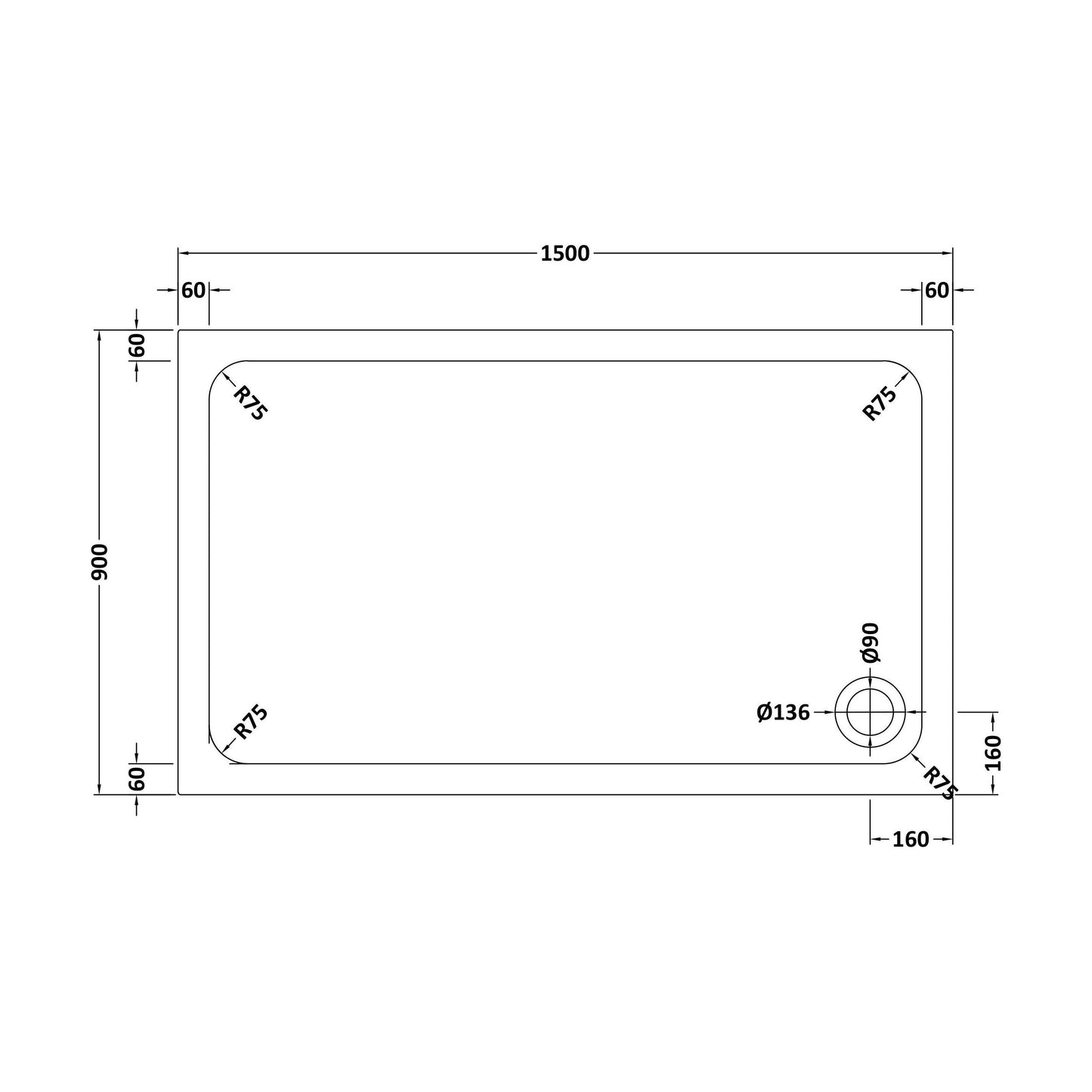 [BETTR91590] White Rectangular Stone Resin Premium Shower Tray with Corner Waste Position - Multiple Sizes Available - Technical Drawing