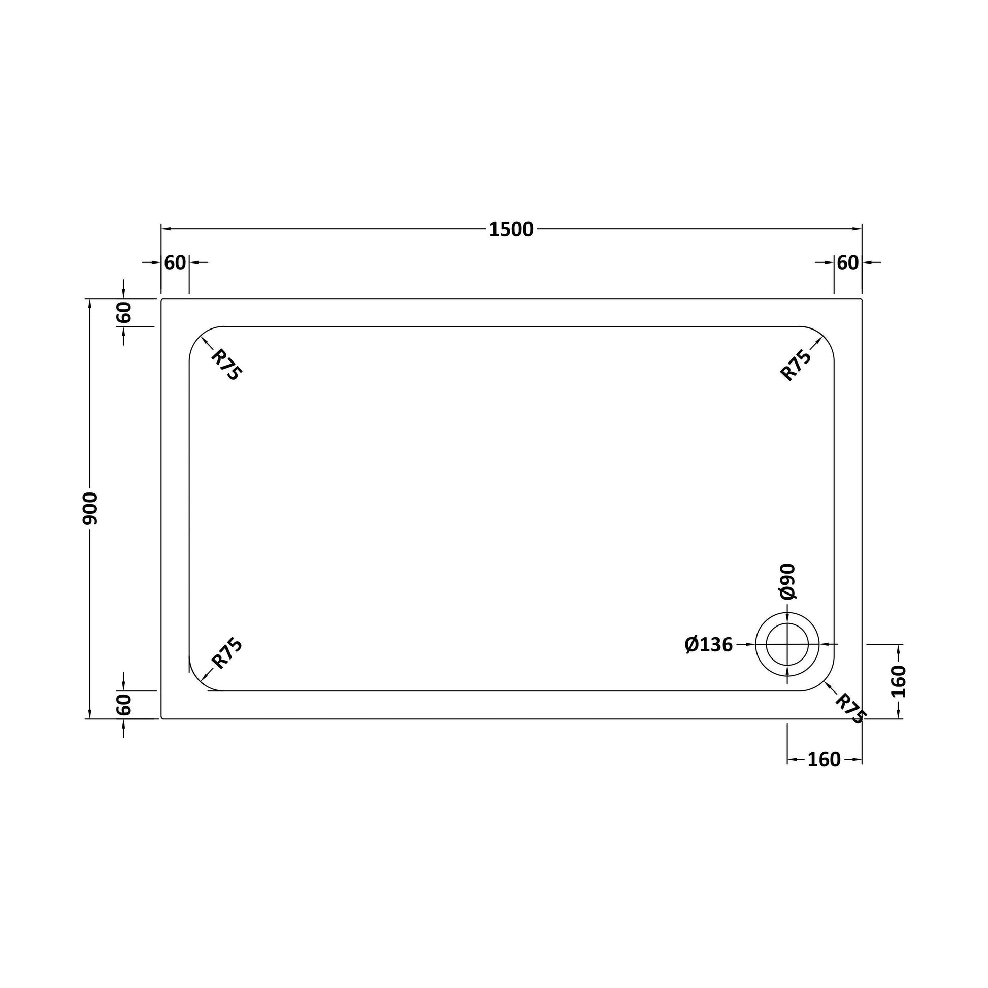 [BETTR91590] White Rectangular Stone Resin Premium Shower Tray with Corner Waste Position - Multiple Sizes Available - Technical Drawing