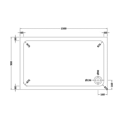 [BETTR91590] White Rectangular Stone Resin Premium Shower Tray with Corner Waste Position - Multiple Sizes Available - Technical Drawing