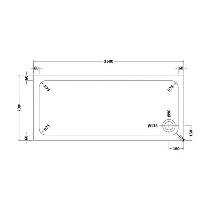 [BETTR91670] White Rectangular Stone Resin Premium Shower Tray with Corner Waste Position - Multiple Sizes Available - Technical Drawing