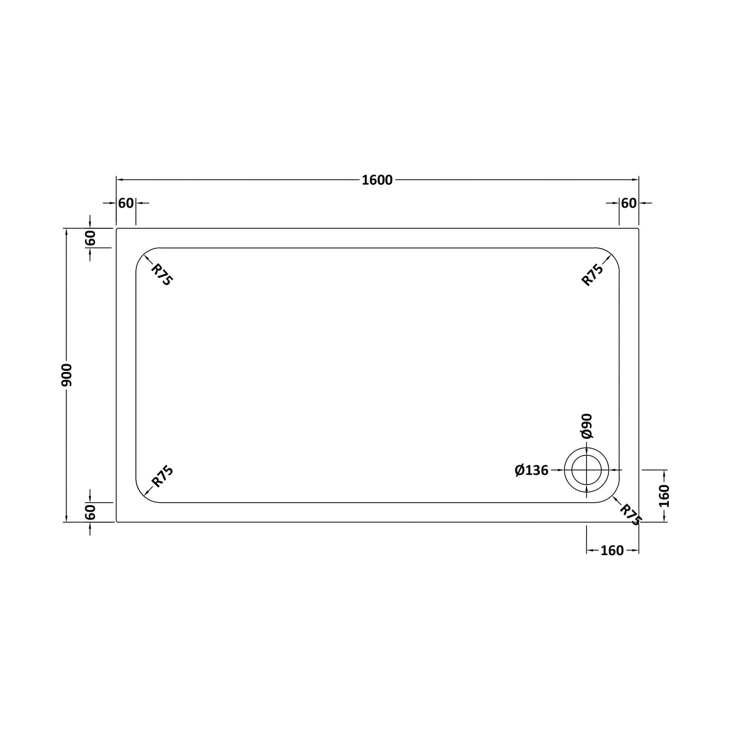 [BETTR91690] White Rectangular Stone Resin Premium Shower Tray with Corner Waste Position - Multiple Sizes Available - Technical Drawing