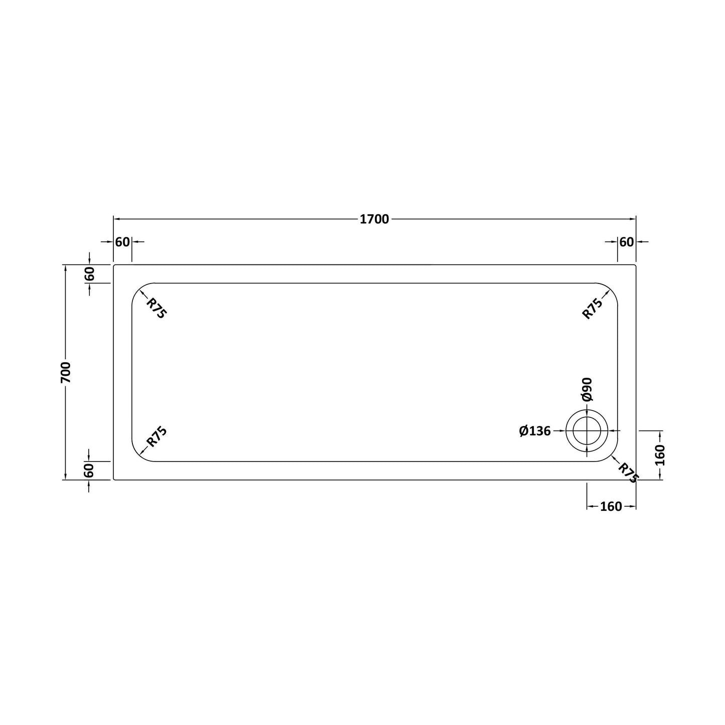 [BETTR91770] White Rectangular Stone Resin Premium Shower Tray with Corner Waste Position - Multiple Sizes Available - Technical Drawing