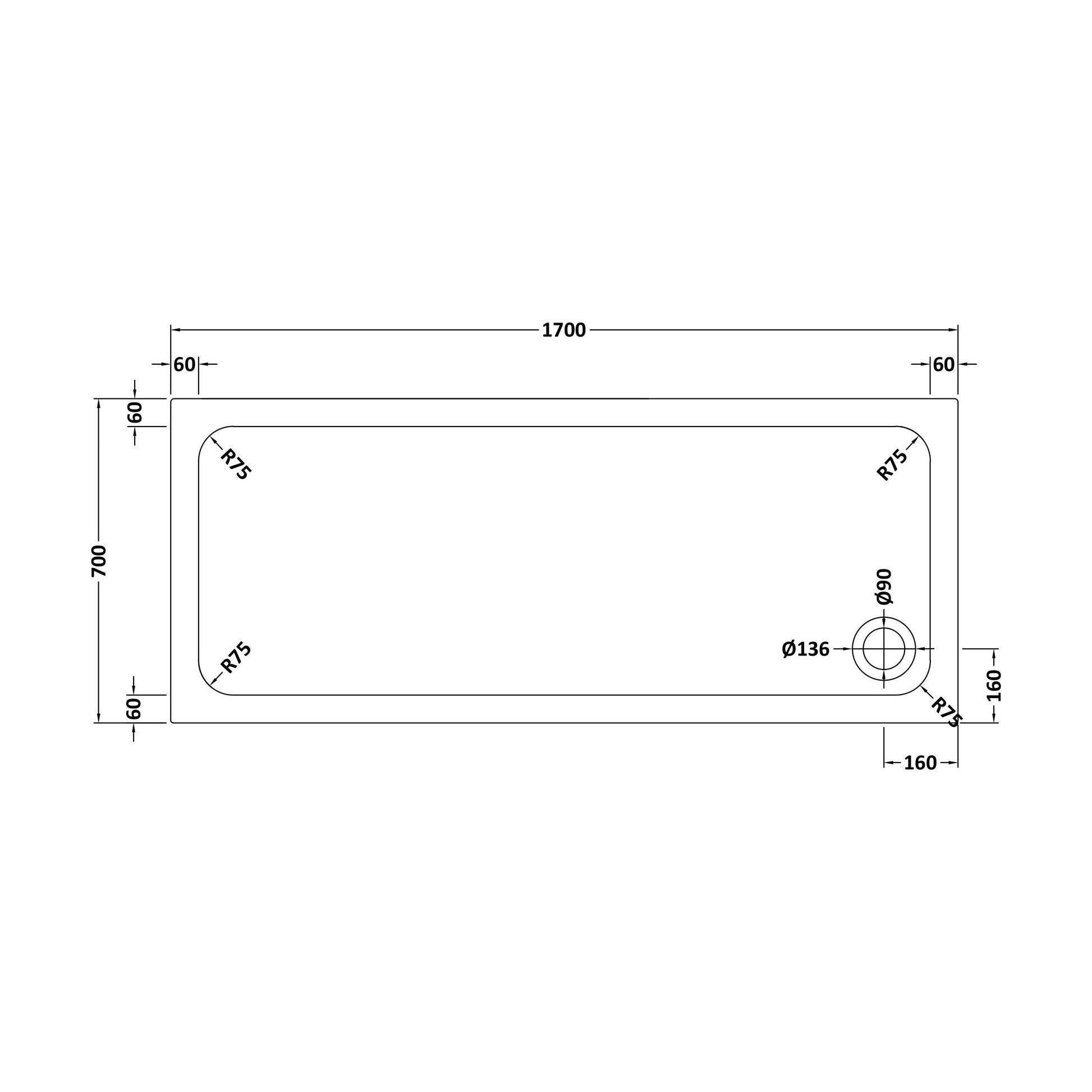 [BETTR91770] White Rectangular Stone Resin Premium Shower Tray with Corner Waste Position - Multiple Sizes Available - Technical Drawing