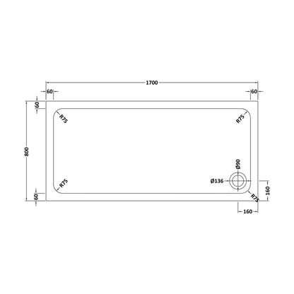 [BETTR91780] White Rectangular Stone Resin Premium Shower Tray with Corner Waste Position - Multiple Sizes Available - Technical Drawing