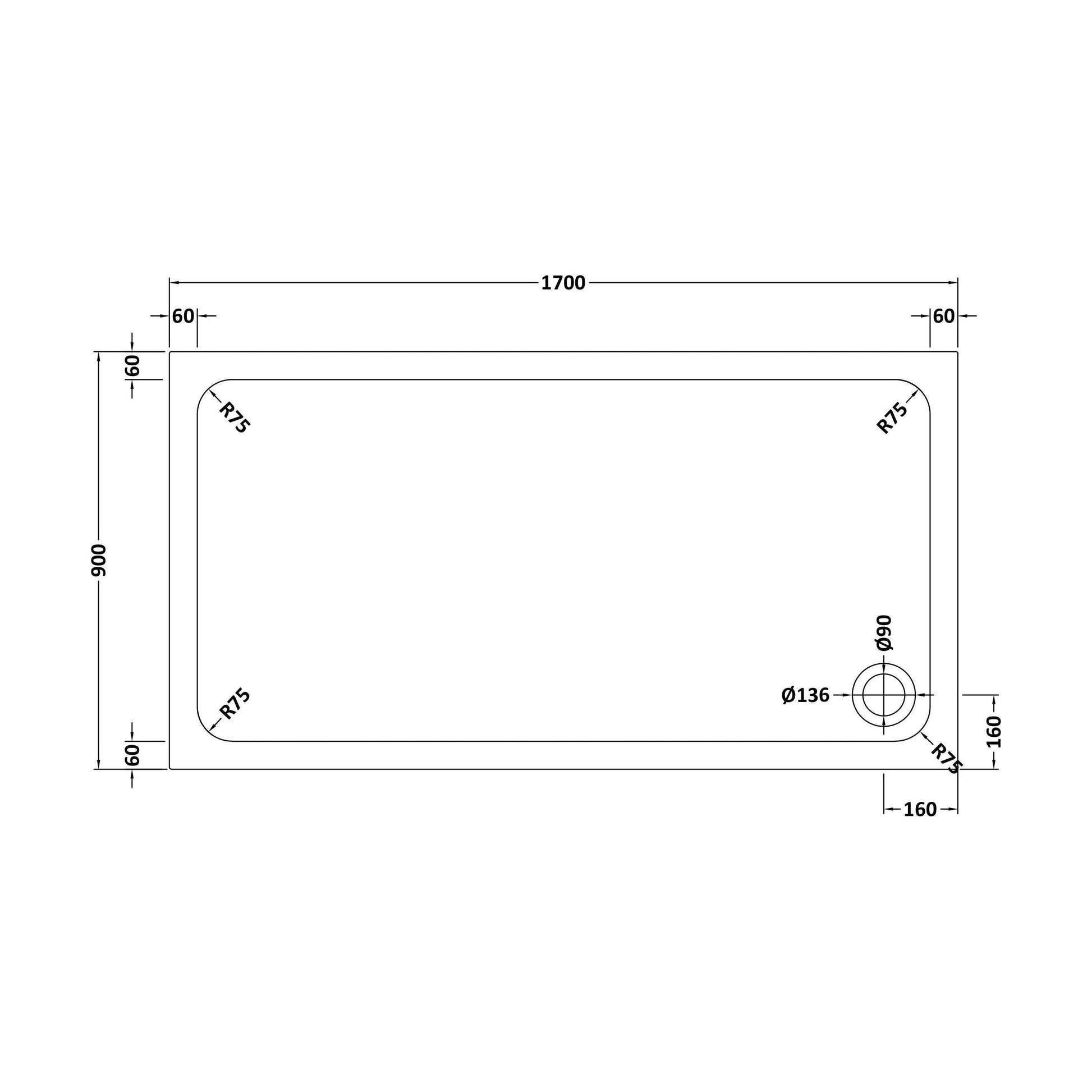 [BETTR91790] White Rectangular Stone Resin Premium Shower Tray with Corner Waste Position - Multiple Sizes Available - Technical Drawing