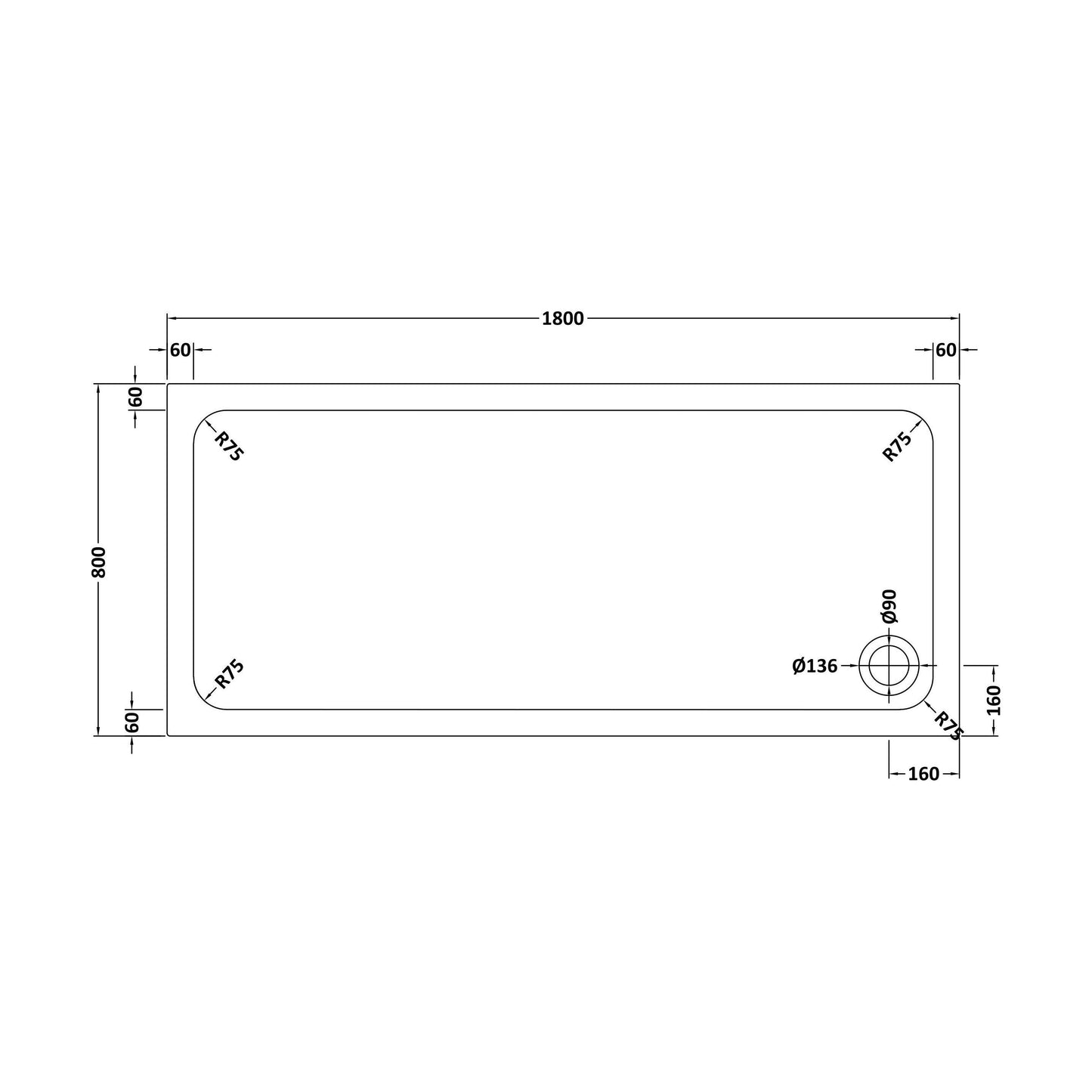 [BETTR91880] White Rectangular Stone Resin Premium Shower Tray with Corner Waste Position - Multiple Sizes Available - Technical Drawing