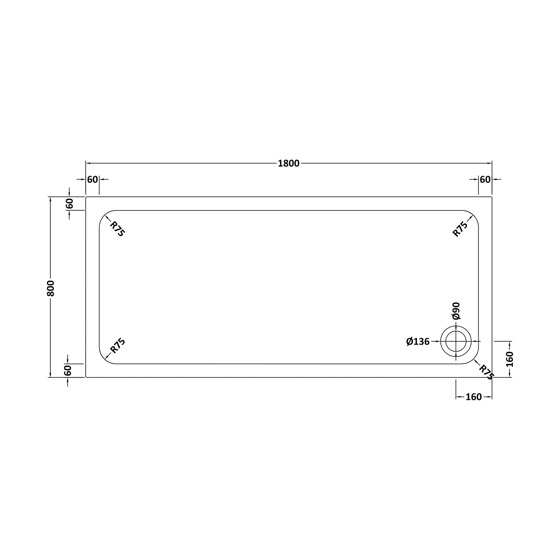 [BETTR91880] White Rectangular Stone Resin Premium Shower Tray with Corner Waste Position - Multiple Sizes Available - Technical Drawing