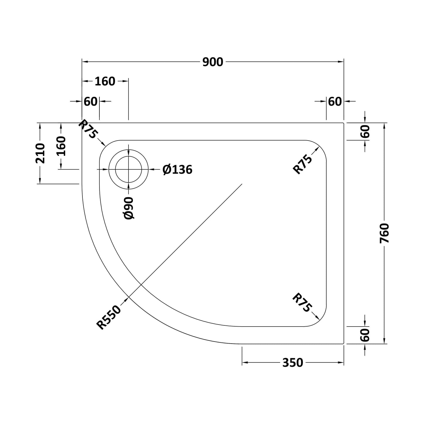 [BETTR99076QL] Bathroom Offset Quadrant Shower Tray - Choice of Size and Orientation - Technical Drawing