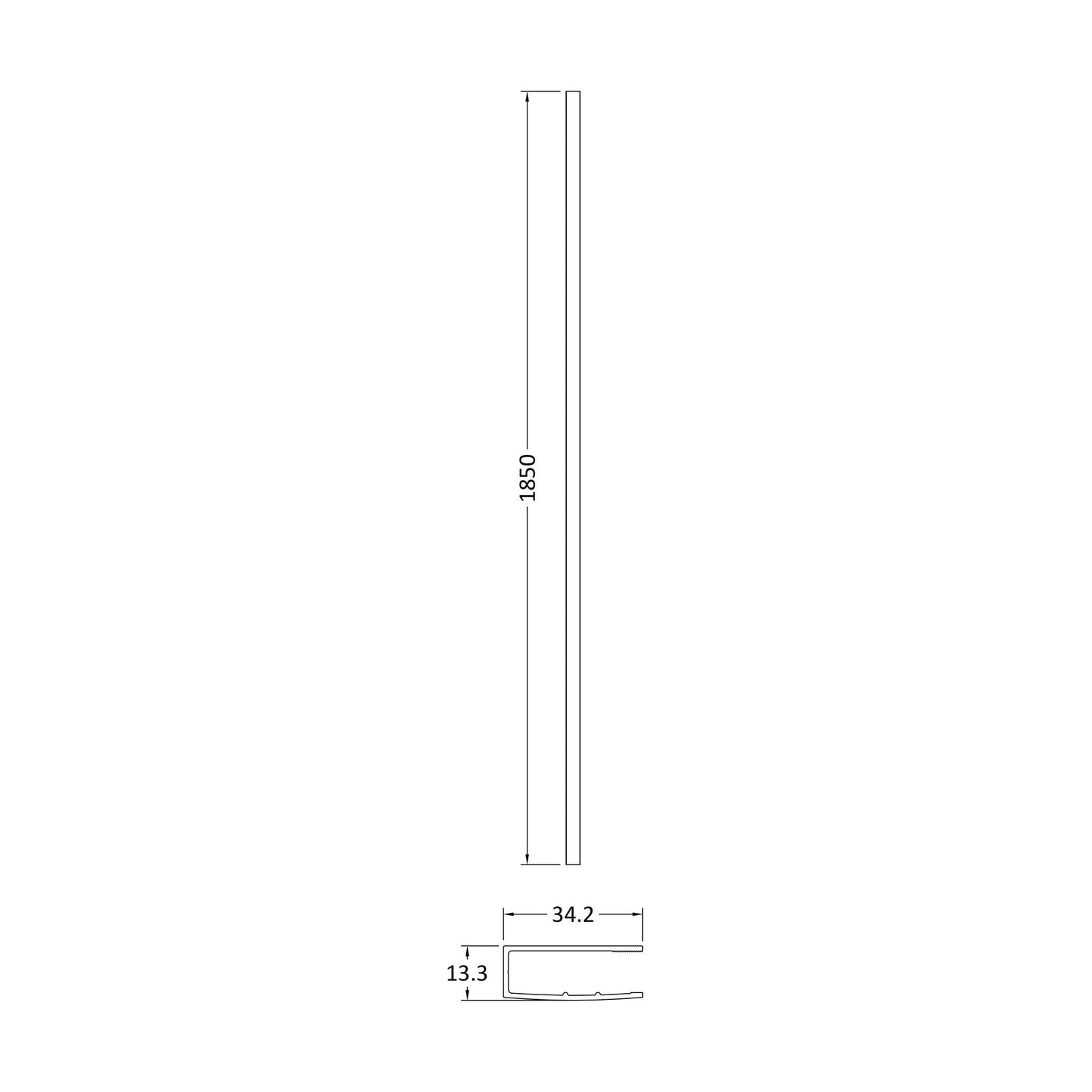[BEWP013] Wetroom Wall Channel 1850mm Brass - Technical Drawing