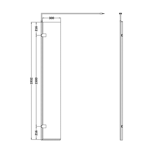 [BEWS030] Balterley Contemporary Bathroom 8mm Glass Wetroom Swing Screen with Support Bar, Chrome Finish, 1950 x 322 x 27mm - Technical Drawing