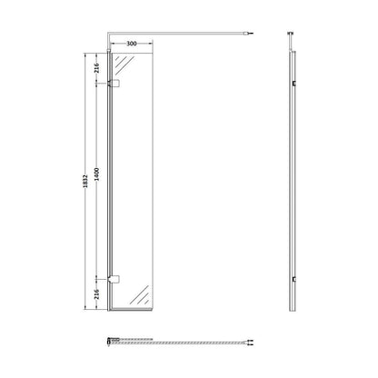 [BEWS18030BB] Balterley 8mm Toughened Safety Glass Hinged Return Screen with Support Bar: 300mm x 1850mm, Brushed Brass - Technical Drawing