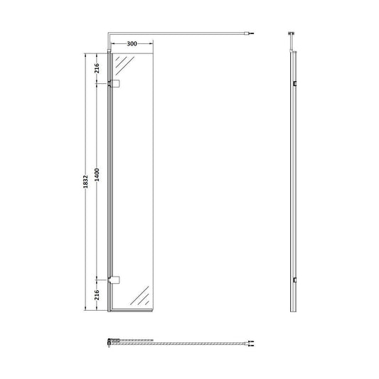 [BEWS18030BB] Balterley 8mm Toughened Safety Glass Hinged Return Screen with Support Bar: 300mm x 1850mm, Brushed Brass - Technical Drawing