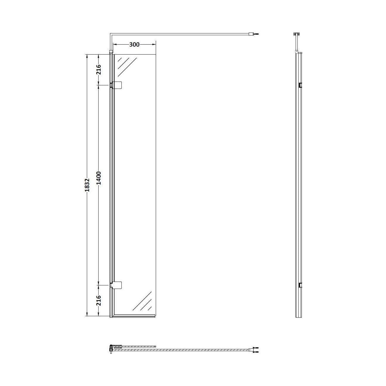 [BEWS18030GM] 300x1850mm Wetroom Swing Screen - Technical Drawing