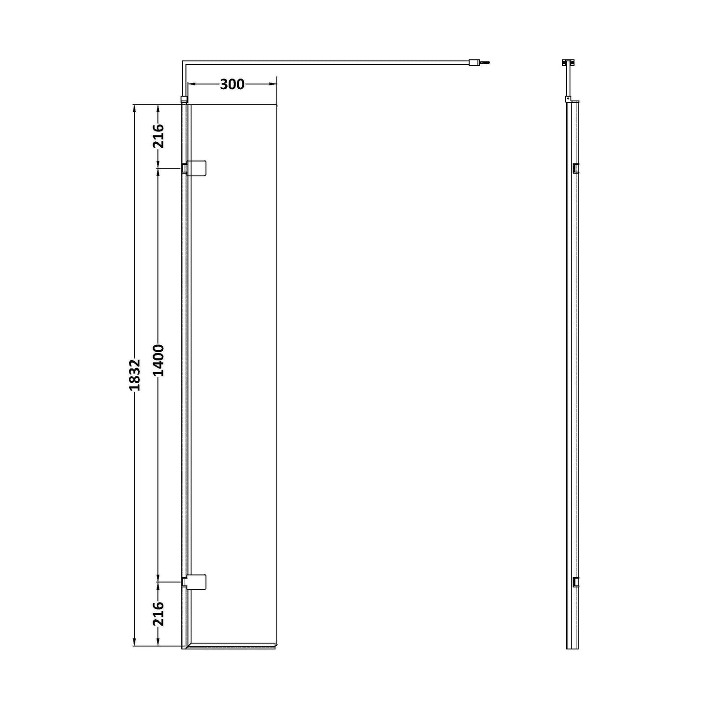 [BEWS18030] Balterley 8mm Toughened Safety Glass Hinged Return Screen with Support Bar: 300mm x 1850mm, Black - Technical Drawing