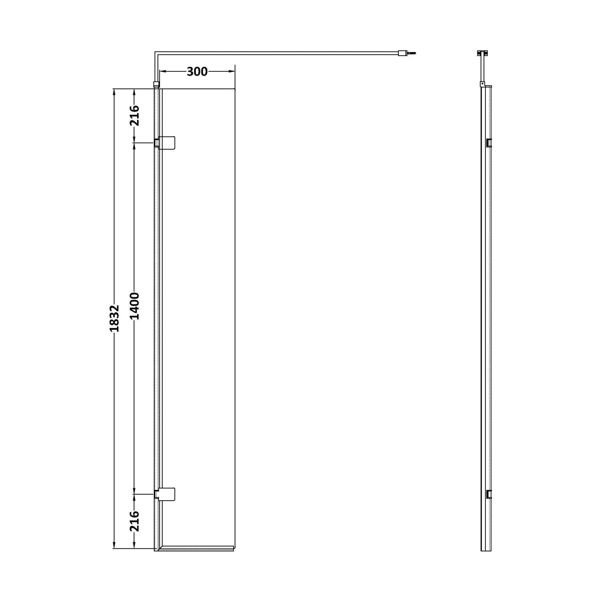 [BEWS18030] Balterley 8mm Toughened Safety Glass Hinged Return Screen with Support Bar: 300mm x 1850mm, Black - Technical Drawing