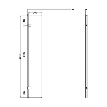 [BEWS18030] Balterley 8mm Toughened Safety Glass Hinged Return Screen with Support Bar: 300mm x 1850mm, Black - Technical Drawing