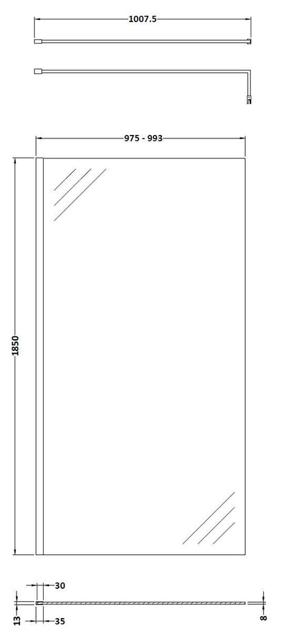 [BEWS18100BP] Balterley 8mm Toughened Safety Glass Wetroom Screen with Support Bar - Choice of Size and Profile Finish - Technical Drawing