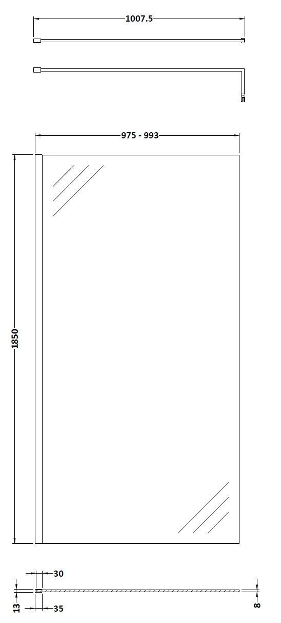 [BEWS18100] Balterley 8mm Toughened Safety Glass Wetroom Screen with Support Bar - Choice of Size and Profile Finish - Technical Drawing