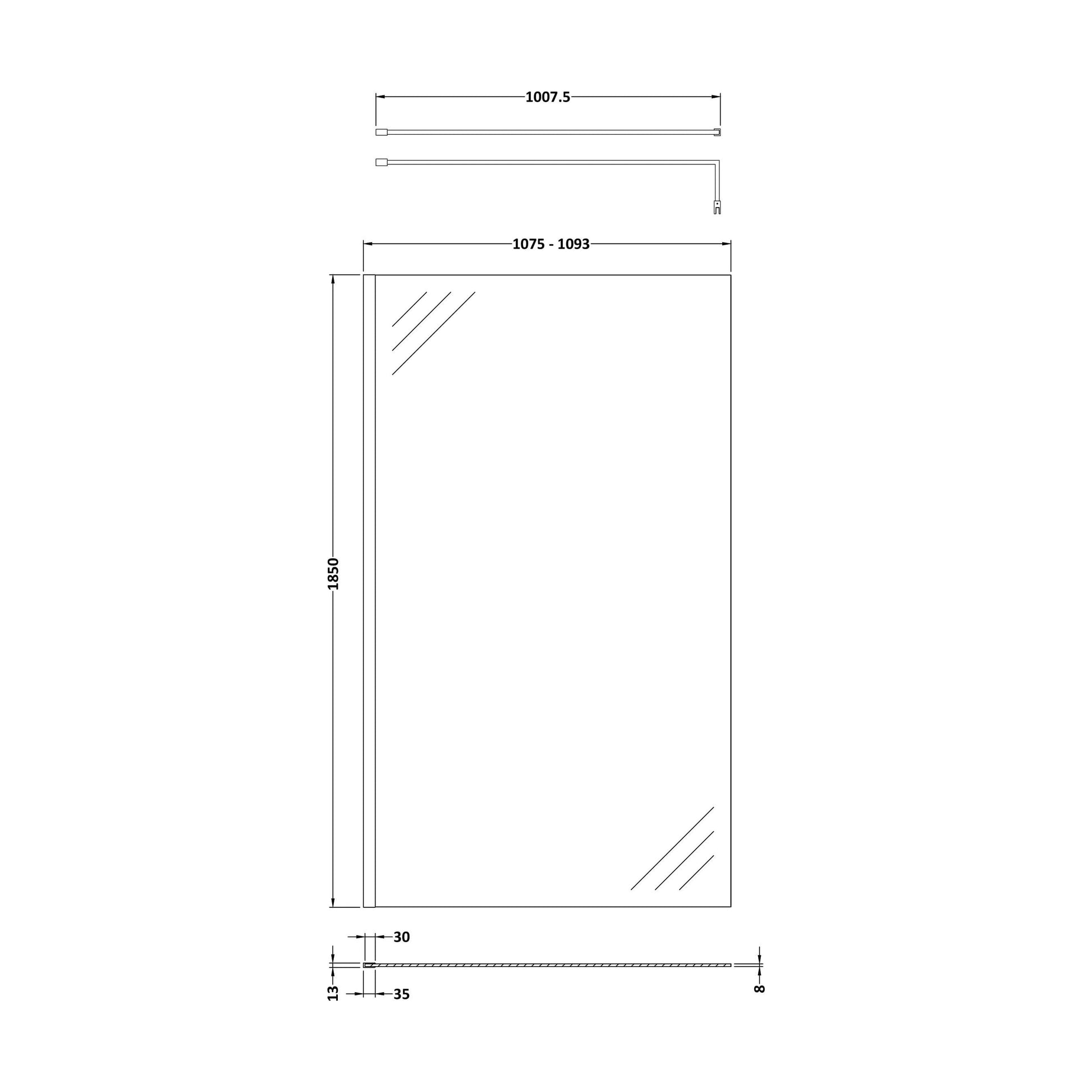 [BEWS18110BP] Balterley 8mm Toughened Safety Glass Wetroom Screen & Support Bar: 1100mm x 1850mm, Black - Technical Drawing