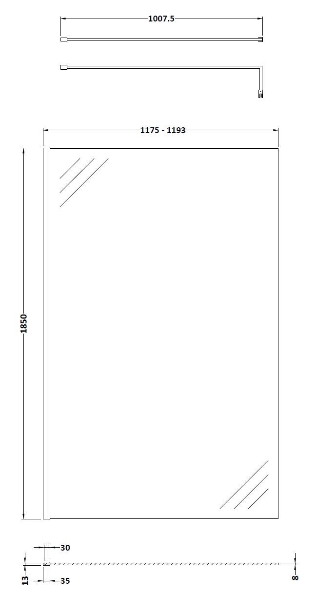 [BEWS18120BP] Balterley 8mm Toughened Safety Glass Wetroom Screen with Support Bar - Choice of Size and Profile Finish - Technical Drawing