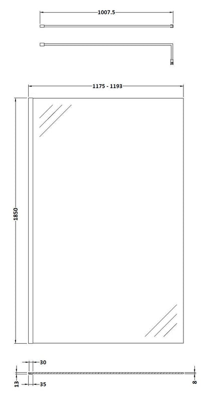 [BEWS18120] Balterley 8mm Toughened Safety Glass Wetroom Screen with Support Bar - Choice of Size and Profile Finish - Technical Drawing