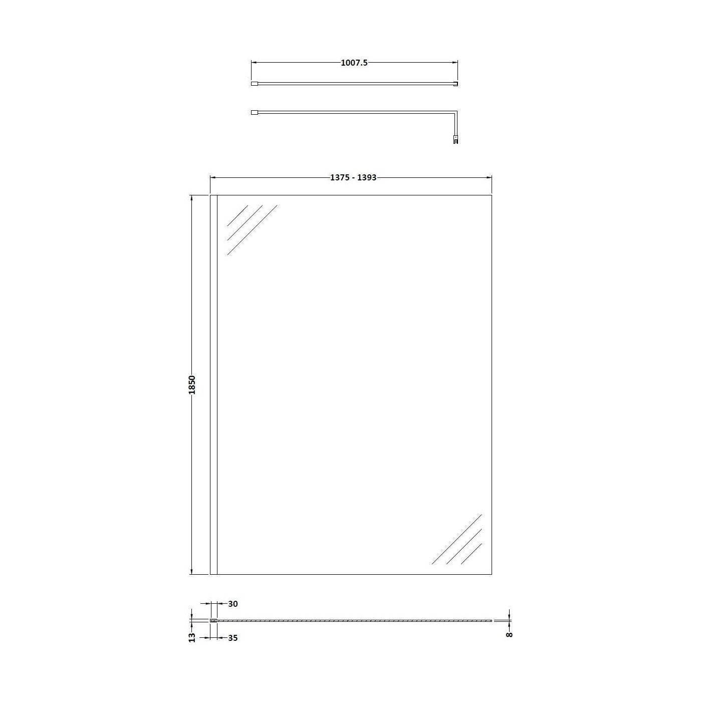 [BEWS18140] Balterley 8mm Toughened Safety Glass Wetroom Screen with Support Bar: 1400mm x 1850mm, Polished Chrome - Technical Drawing