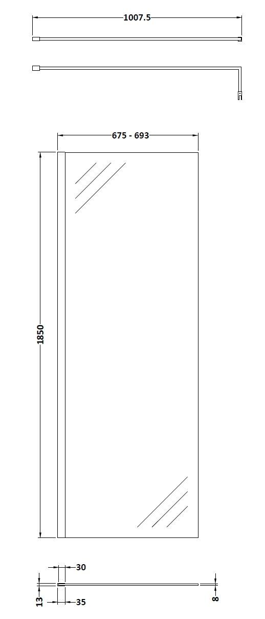 [BEWS18700BP] Balterley 8mm Toughened Safety Glass Wetroom Screen with Support Bar - Choice of Size and Profile Finish - Technical Drawing