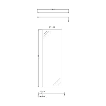 [BEWS18700] Balterley 8mm Toughened Safety Glass Wetroom Screen with Support Bar: 700mm x 1850mm, Polished Chrome - Technical Drawing