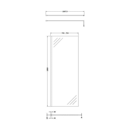 [BEWS18760BP] Balterley 8mm Toughened Safety Glass Wetroom Screen with Support Bar: 760mm x 1850mm, Black - Technical Drawing