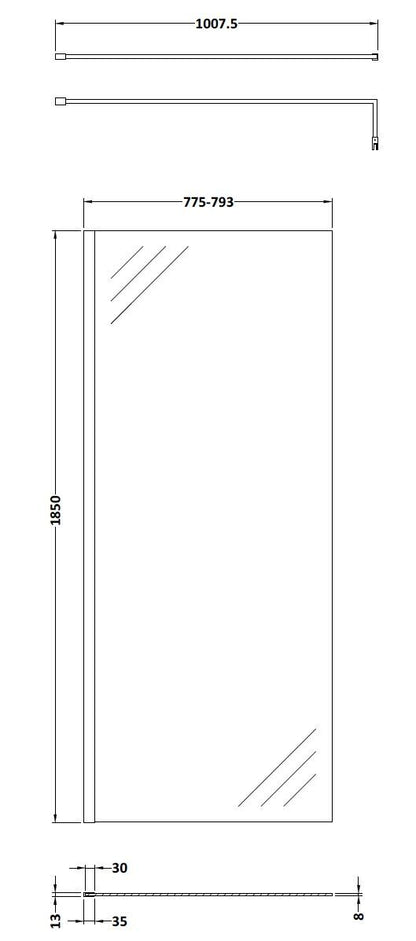 [BEWS18800BP] Balterley 8mm Toughened Safety Glass Wetroom Screen with Support Bar - Choice of Size and Profile Finish - Technical Drawing
