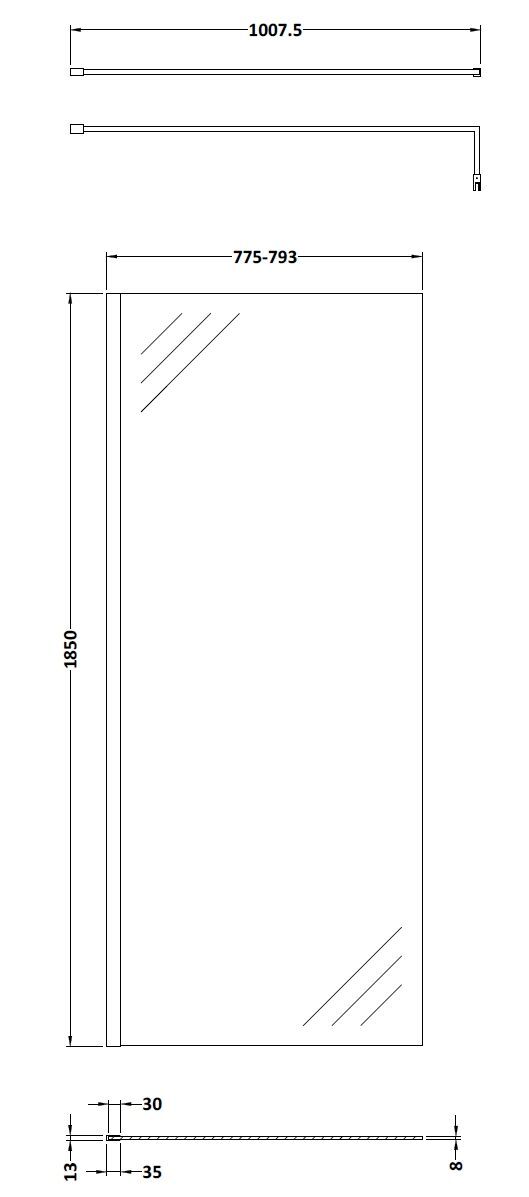 [BEWS18800] Balterley 8mm Toughened Safety Glass Wetroom Screen with Support Bar - Choice of Size and Profile Finish - Technical Drawing