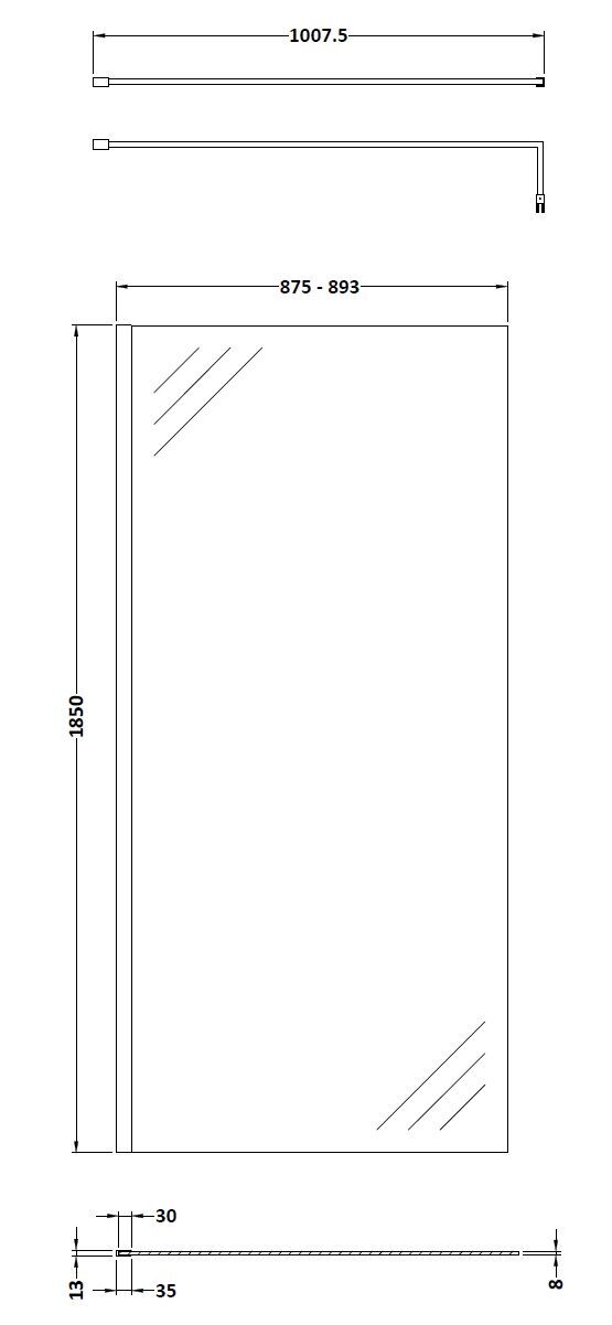 [BEWS18900] Balterley 8mm Toughened Safety Glass Wetroom Screen with Support Bar - Choice of Size and Profile Finish - Technical Drawing