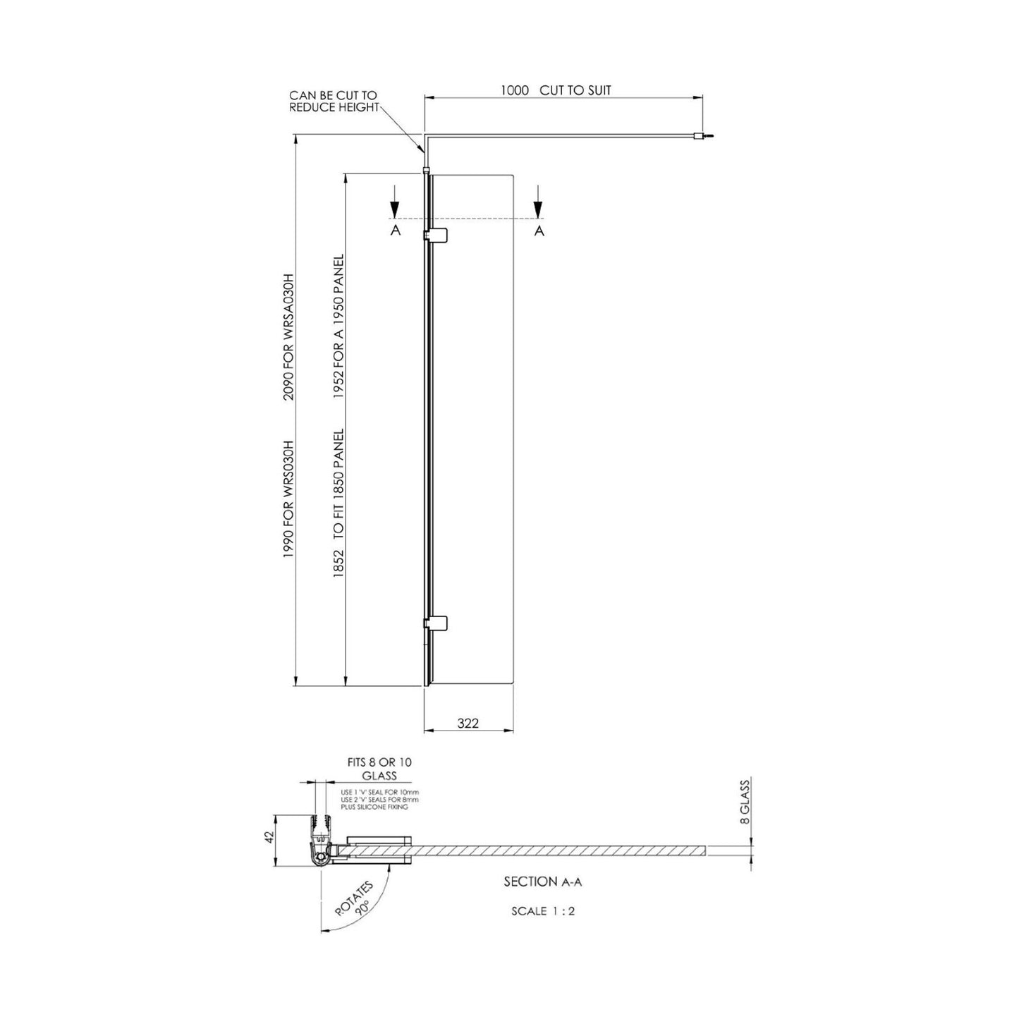 [BEWSBB030] Balterley Contemporary Bathroom 8mm Glass Wetroom Swing Screen with Support Bar, Brushed Brass, 1950 x 322 x 27mm - Technical Drawing