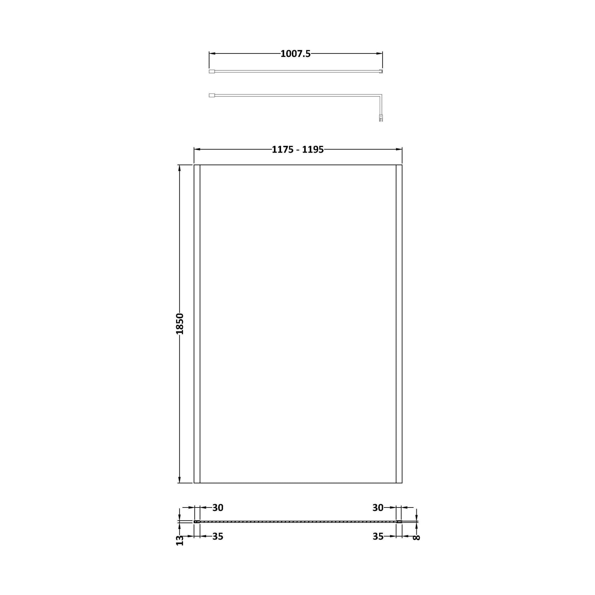 [BEWSSCOBB12] Balterley Wetroom Screen with Support Bar, 1200mm, Brushed Brass - Technical Drawing