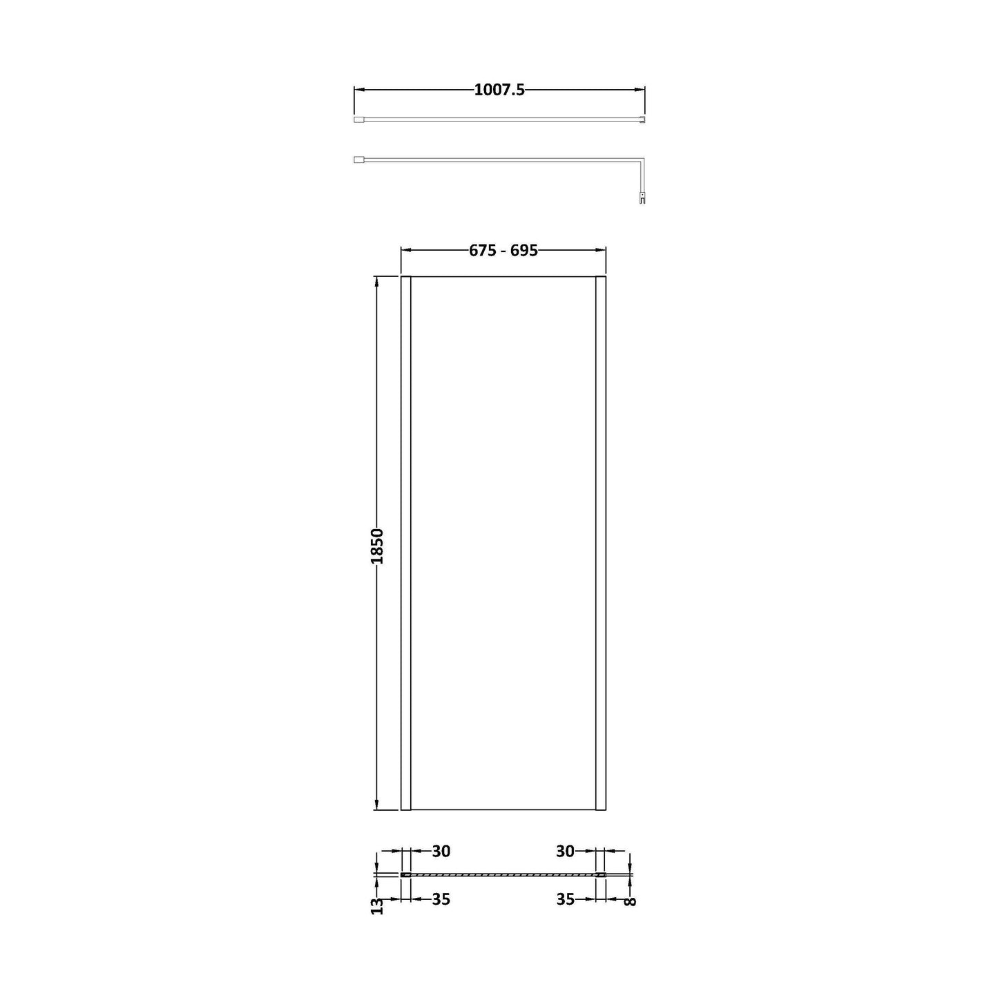 [BEWSSCOBB70] Balterley Wetroom Screen with Support Bar, 700mm, Brushed Brass - Technical Drawing