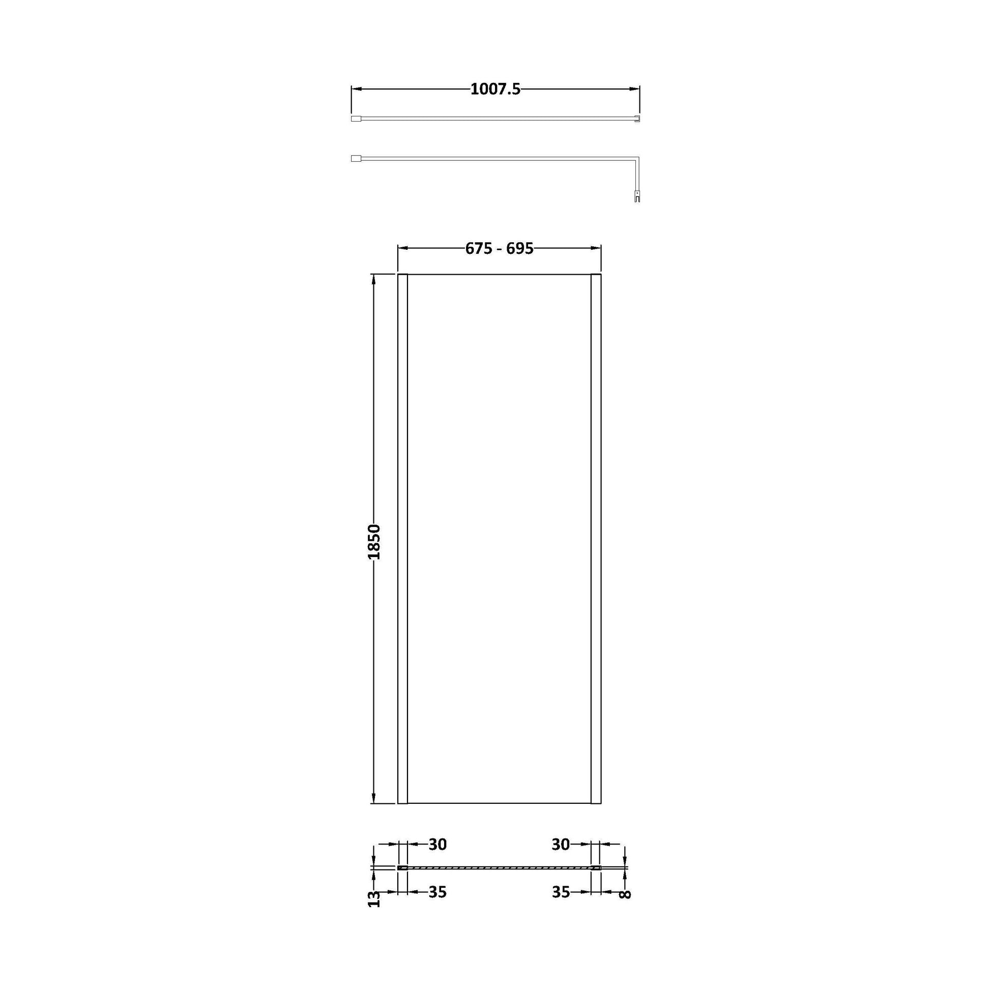 [BEWSSCOBB70] Balterley Wetroom Screen with Support Bar, 700mm, Brushed Brass - Technical Drawing