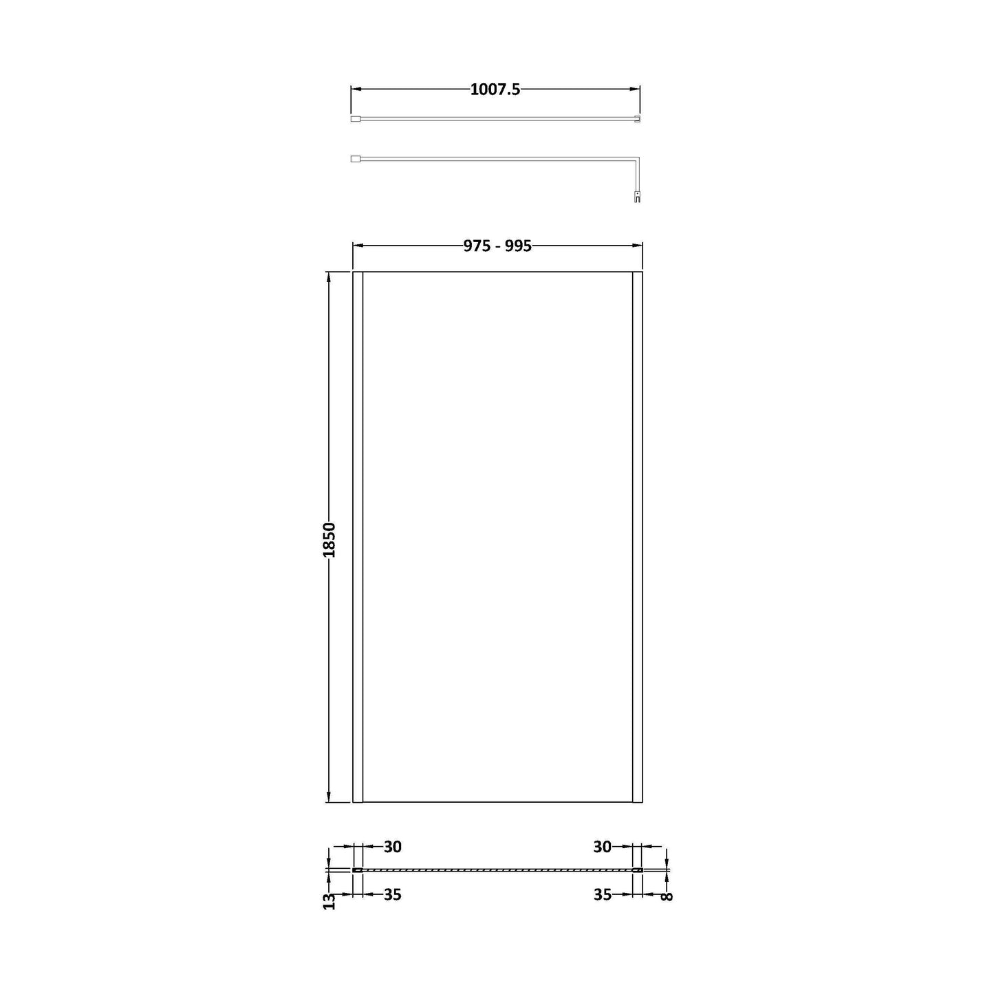 [BEWSSCOBP10] Balterley Wetroom Screen with Support Bar, 1000mm, Matt Black - Technical Drawing