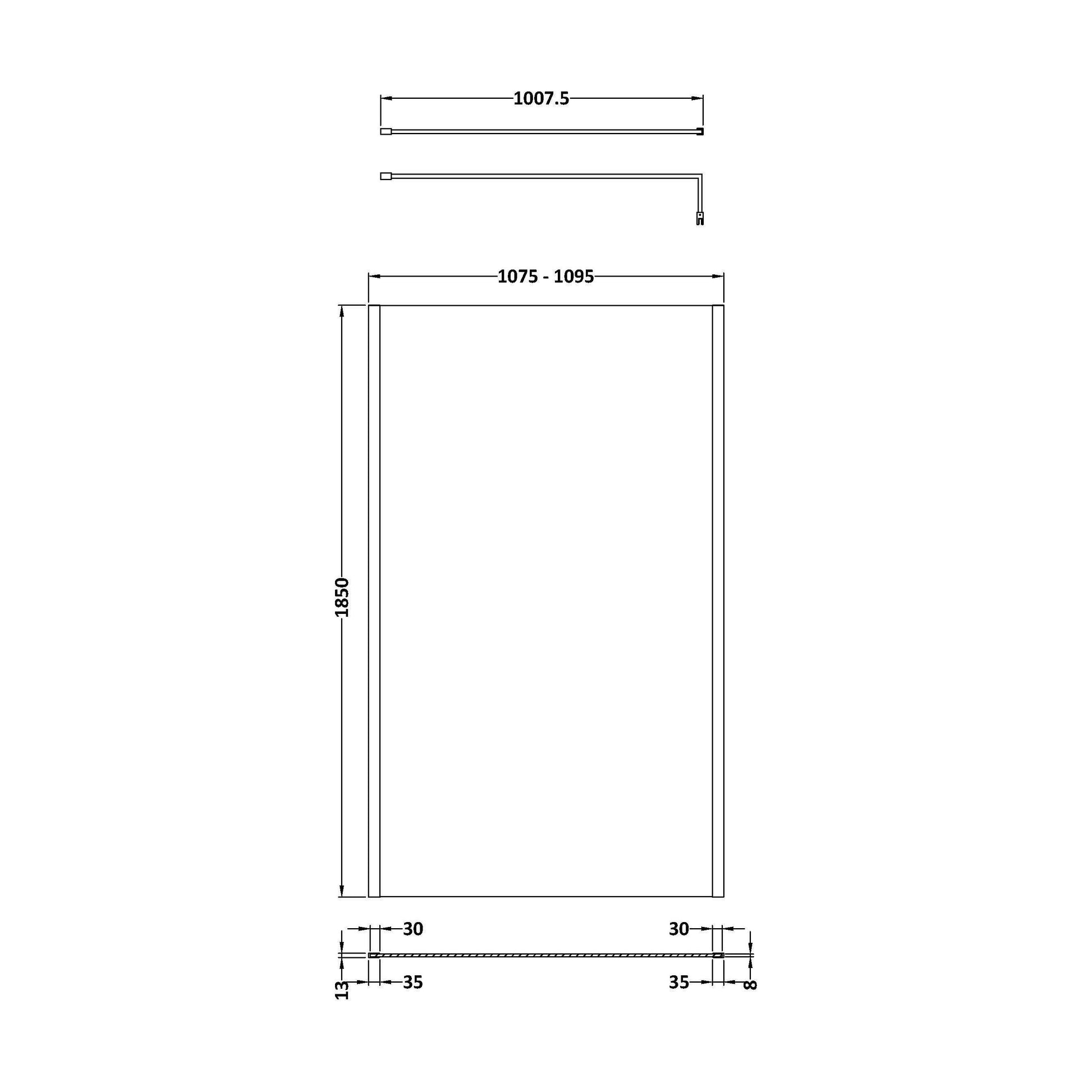 [BEWSSCOBP11] Balterley Wetroom Screen with Support Bar, 1100mm, Matt Black - Technical Drawing