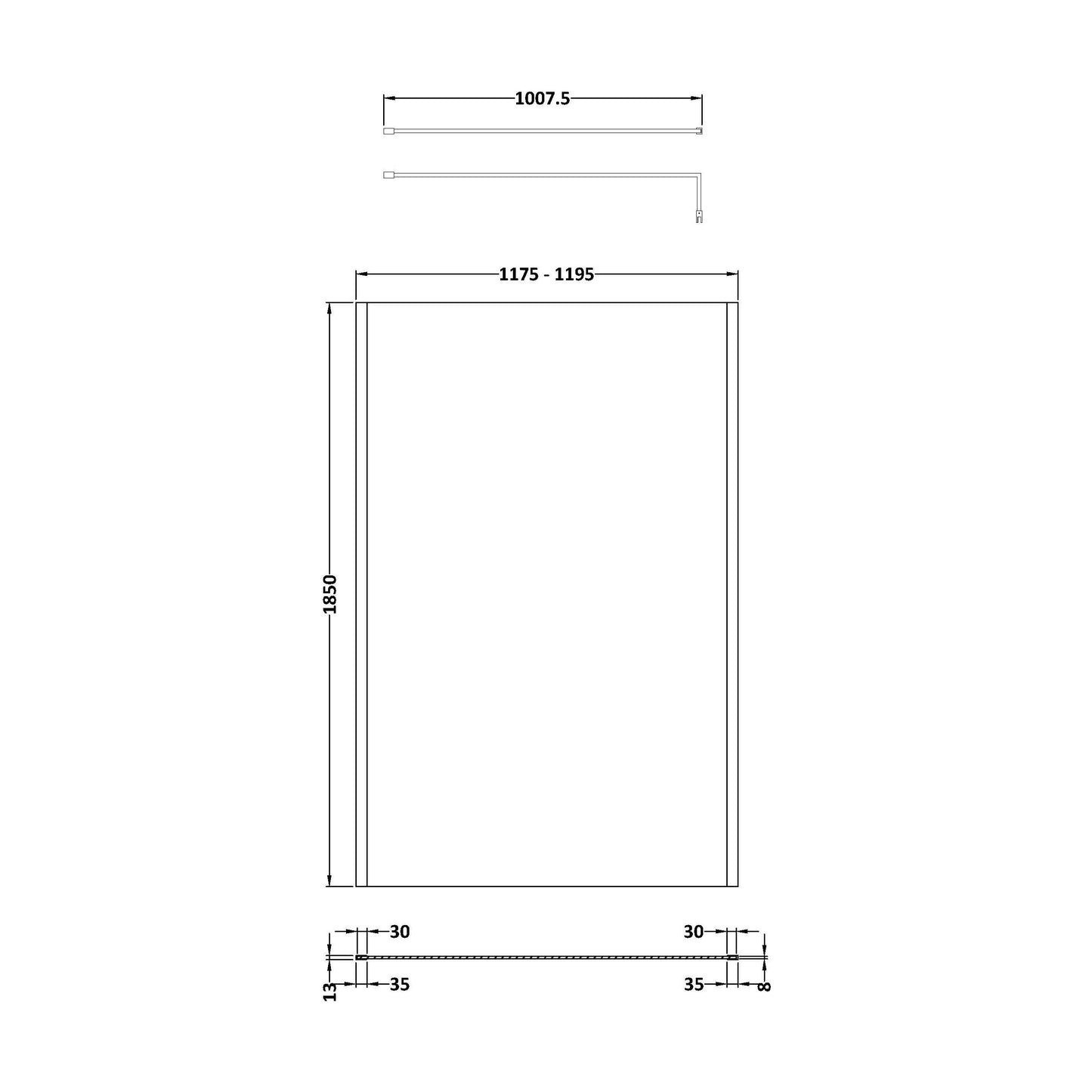 [BEWSSCOBP12] Balterley Wetroom Screen with Support Bar, 1200mm, Matt Black - Technical Drawing