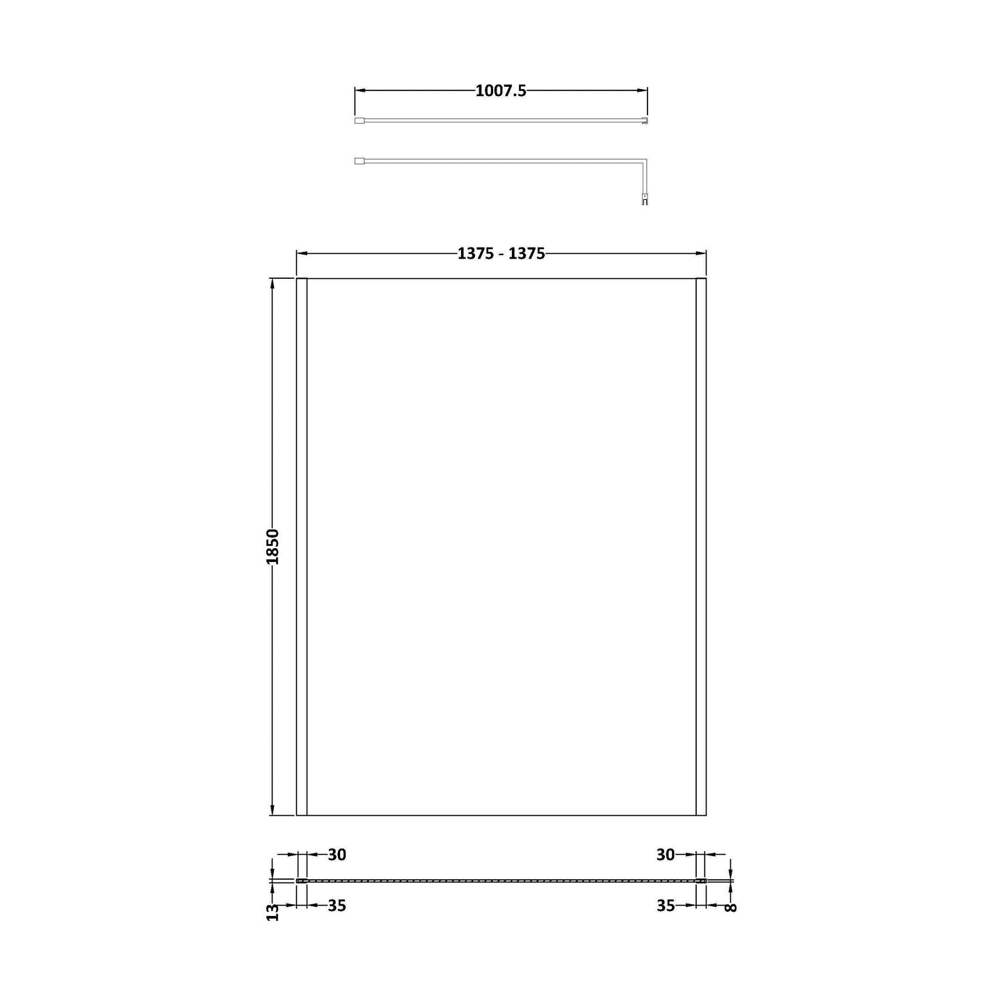 [BEWSSCOBP14] Balterley Wetroom Screen with Support Bar, 1400mm, Matt Black - Technical Drawing