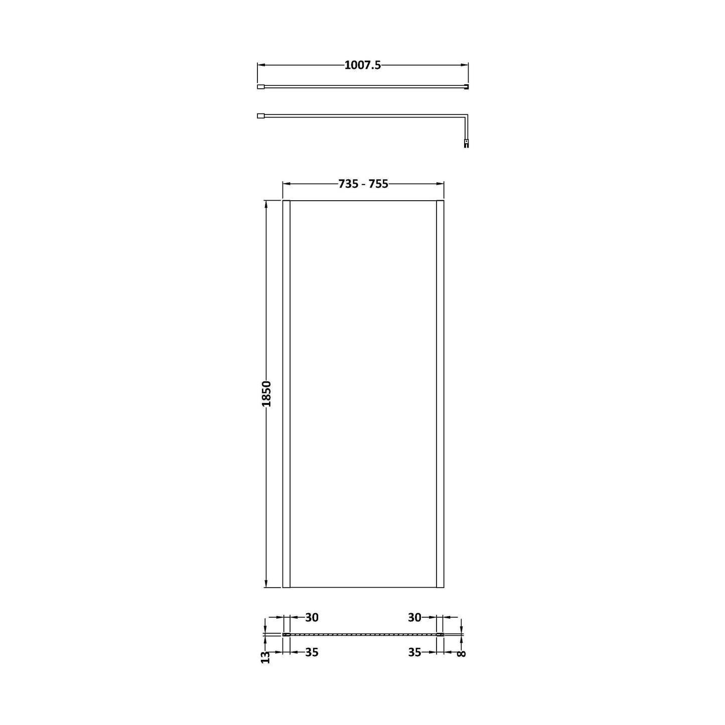 [BEWSSCOBP76] Balterley Wetroom Screen with Support Bar, 760mm, Matt Black - Technical Drawing