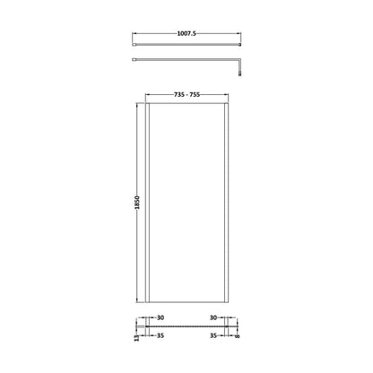 [BEWSSCOBP76] Balterley Wetroom Screen with Support Bar, 760mm, Matt Black - Technical Drawing