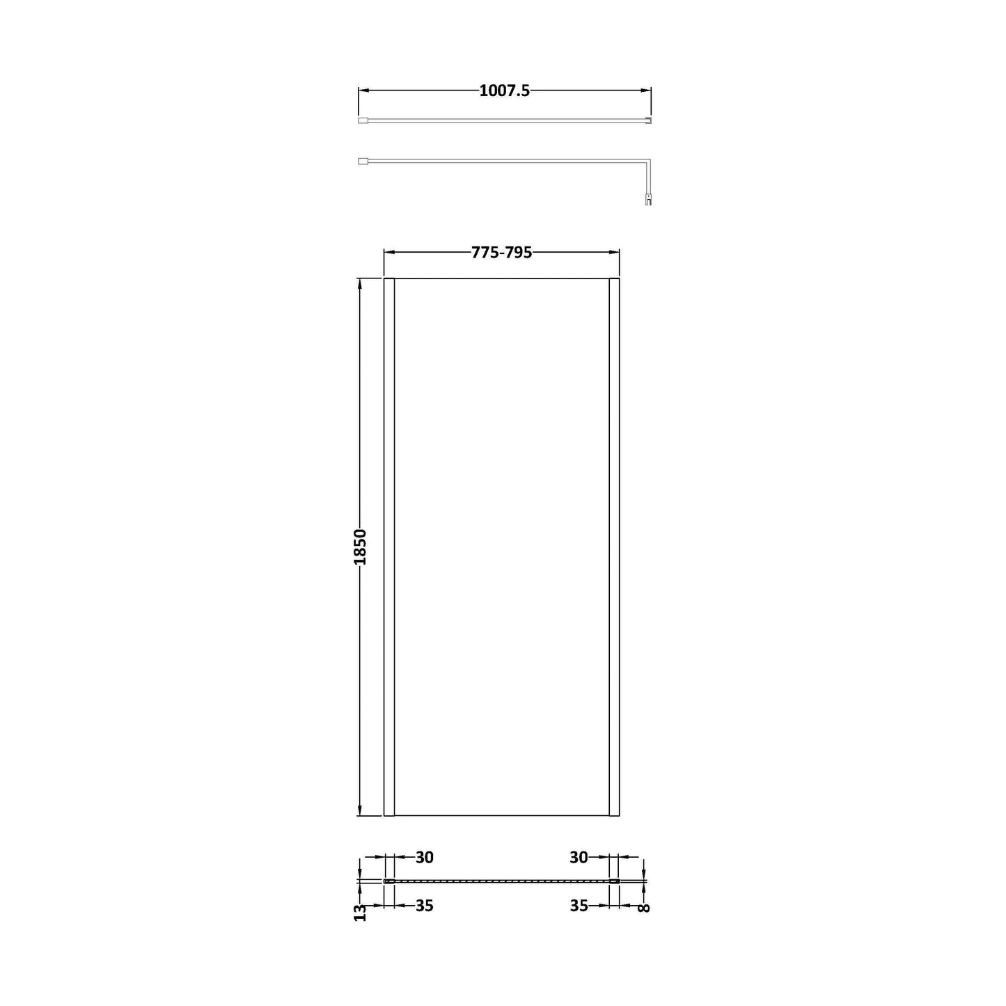 [BEWSSCOBP80] Balterley Wetroom Screen with Support Bar, 800mm, Matt Black - Technical Drawing