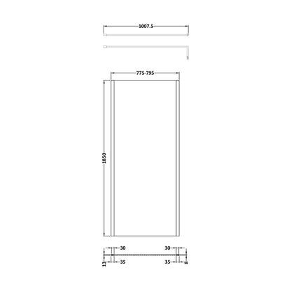 [BEWSSCOBP80] Balterley Wetroom Screen with Support Bar, 800mm, Matt Black - Technical Drawing