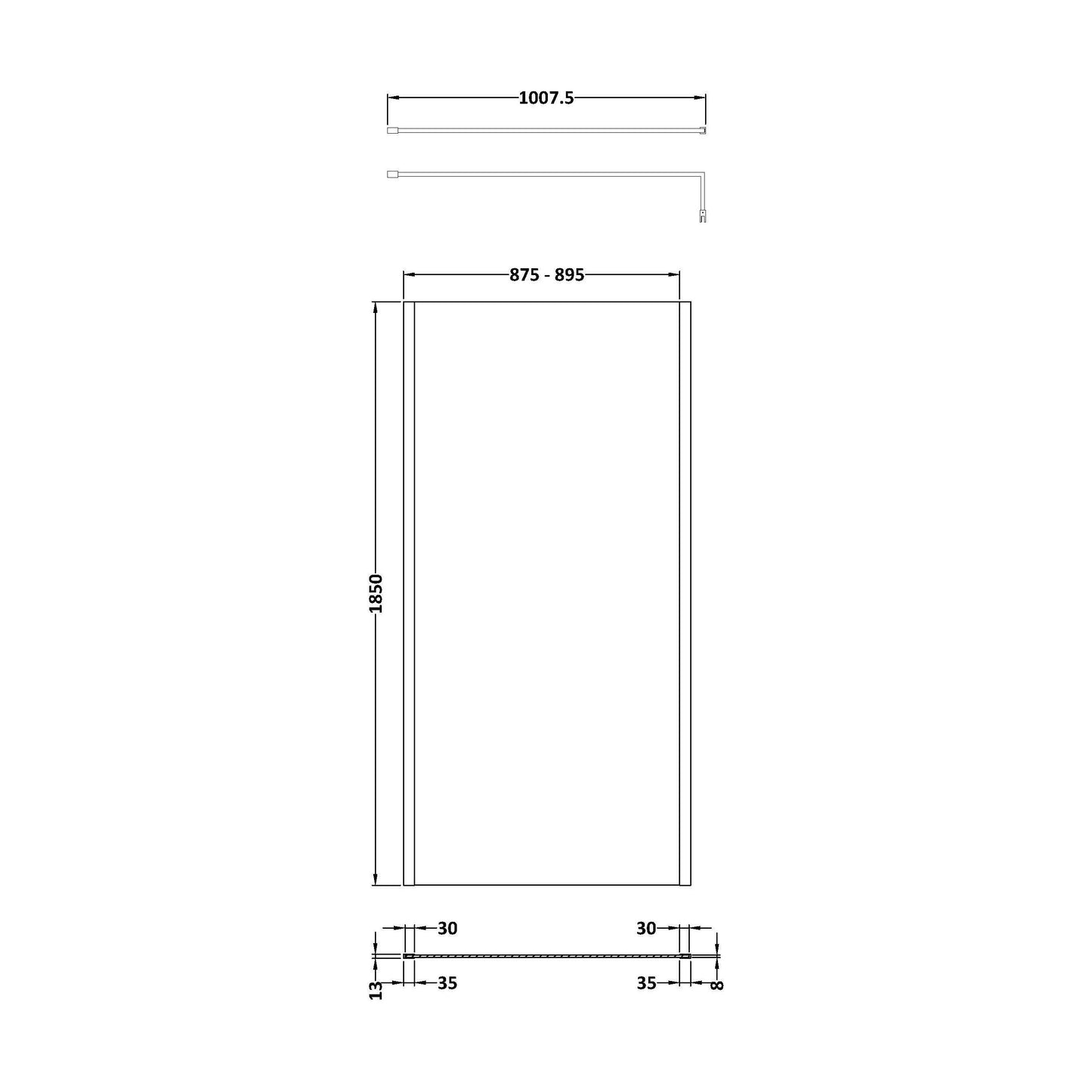 [BEWSSCOBP90] Balterley Wetroom Screen with Support Bar, 900mm, Matt Black - Technical Drawing