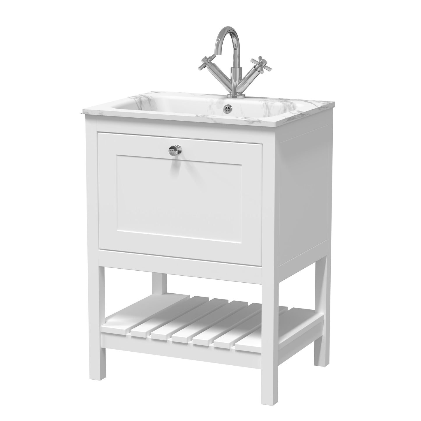 Bexley Floor Standing 1 Drawer Vanity & 1 Tap Hole Stone Basin, 600mm - Pure White