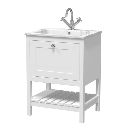Bexley Floor Standing 1 Drawer Vanity & 1 Tap Hole Stone Basin, 600mm - Pure White