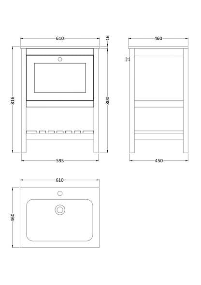 Bexley Floor Standing 1 Drawer Vanity & 1 Tap Hole Stone Basin, 600mm - Pure White