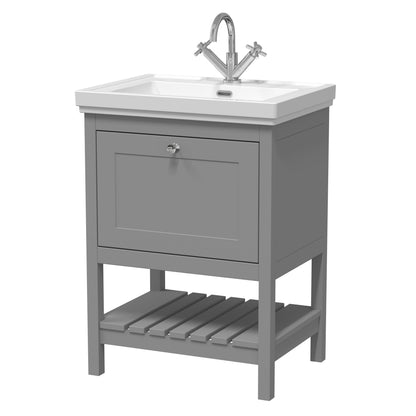 Hudson Reed Bexley 600mm Cool Grey Floor Standing 1 Drawer Vanity Unit with 1 Tap Hole Fireclay Basin